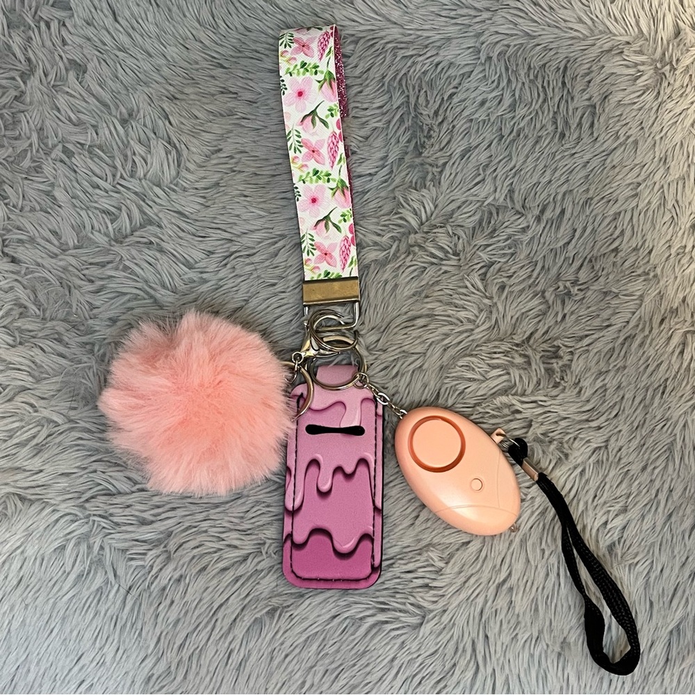 Pink Floral handmade wristlet Keychain Set